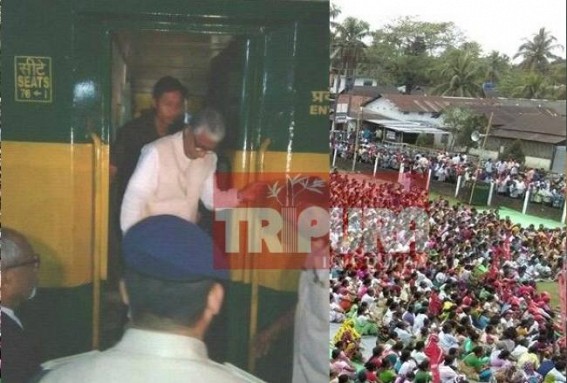 Helicopter totting Manik travels by train in Assam rallies to sell 'poorest CM' image Helicopter totting Manik travels by train in Assam rallies to sell 'poorest CM' image